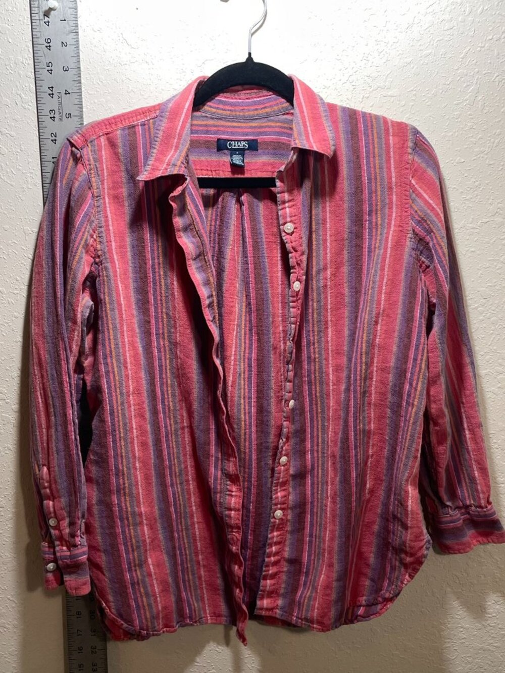 Chaps Women's Button Up Red Pink Vertical Stripes Linen Cotton - Medium